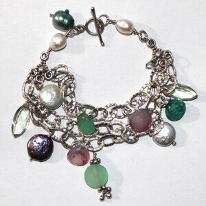Sterling Silver Chunky Beaded Three Strand Chain Bracelet